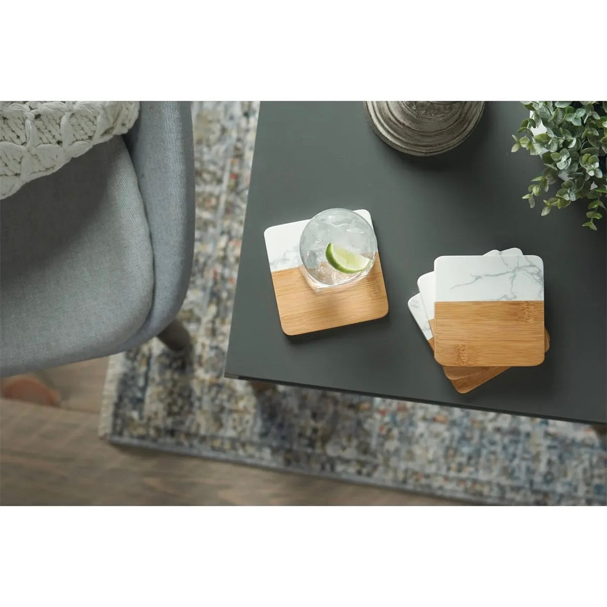 Marble and Bamboo Coaster Set